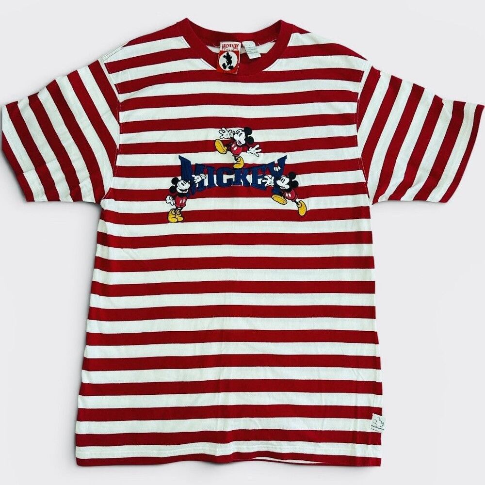 Vintage Mickey Inc Embroidered T-Shirt Red White Striped Disney Size L
